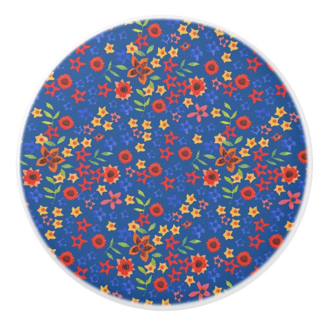 Chic Retro Floral Print on Blue Drawer Pull Knob (Front)