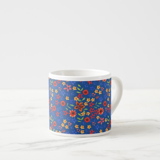 Chic Retro Floral Print on Blue Espresso Mug (Front Right)
