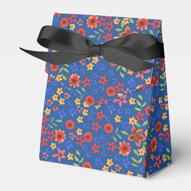 Chic Retro Floral Print on Blue Tent Favour Box (Front Side)