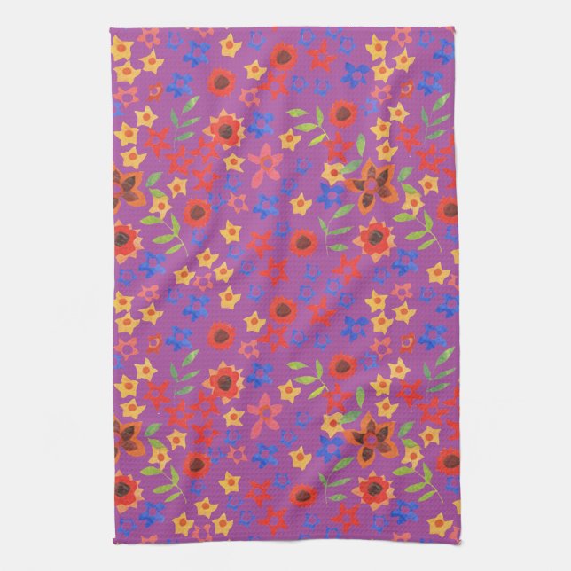 Chic Retro Floral Print on Magenta Kitchen Towel (Vertical)