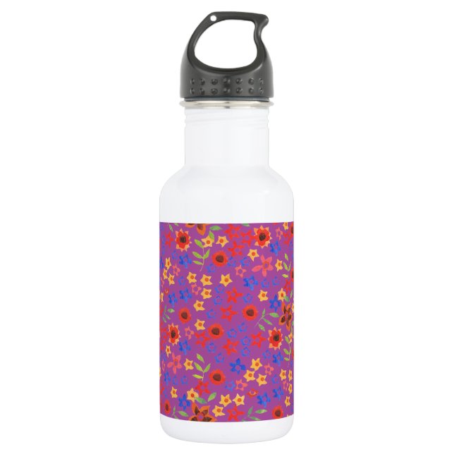 Chic Retro Floral Print on Magenta Water Bottle (Front)