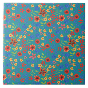 Chic Retro Floral Print on Teal Ceramic Tile
