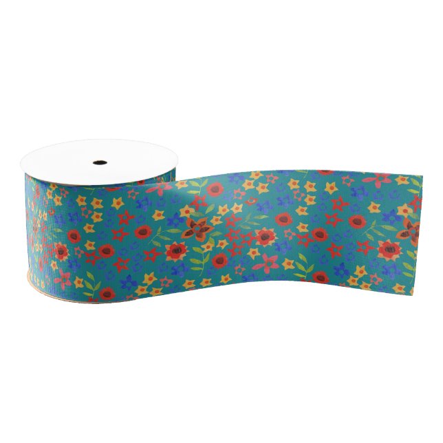 Chic Retro Floral Print on Teal Grosgrain Ribbon (Spool)