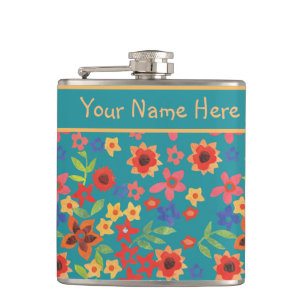 Chic Retro Floral Prints on Teal Custom Hip Flask