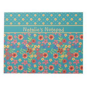 Chic Retro Floral Prints on Teal Custom Notepad