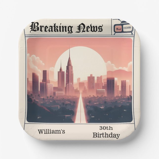 Chic Retro men Adult Newspaper 30th Birthday Paper Plate (Front)