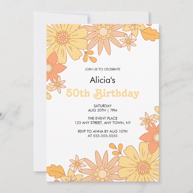 Chic Retro Orange Peach Flora Groovy 50th Birthday Invitation (Front)