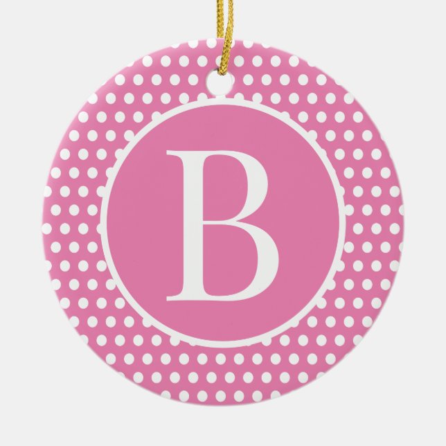 Chic Retro Pink initial letter Polka Dots Ceramic Tree Decoration (Front)