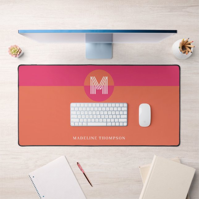 Chic Retro Pink Orange Geometric Modern Monogram Desk Mat (Office 1)