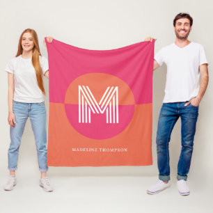 Chic Retro Pink Orange Geometric Modern Monogram Fleece Blanket
