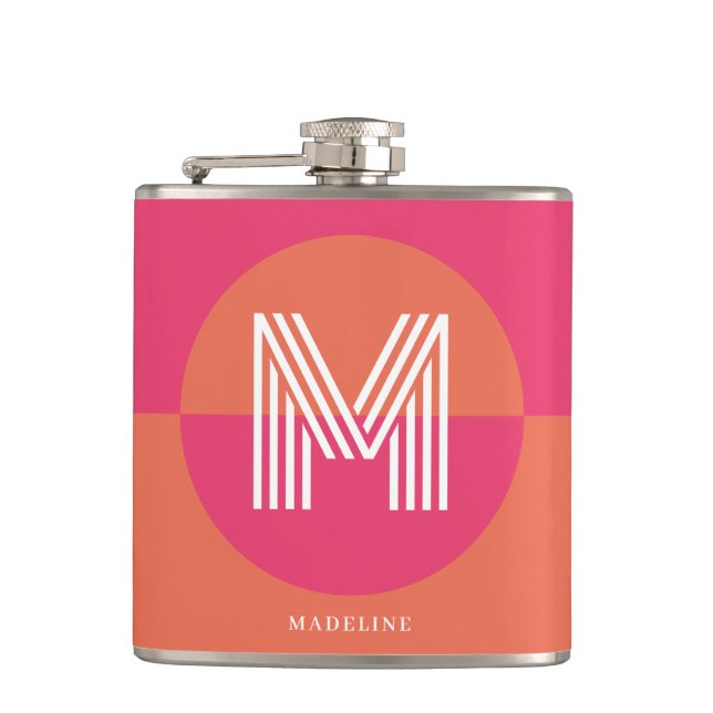 Chic Retro Pink Orange Geometric Modern Monogram Hip Flask (Front)