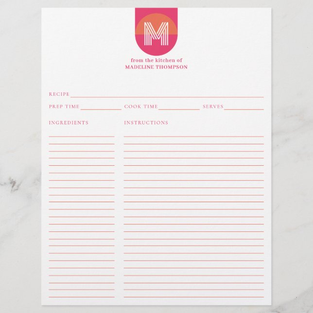 Chic Retro Pink Orange Geometric Monogram Recipe (Front)