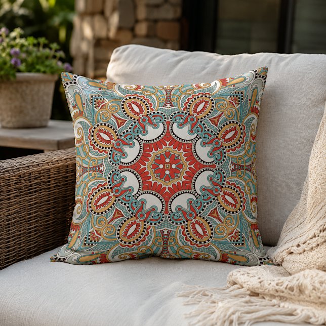 Chic Retro Red Turquoise Teal Kaleidoscope Pattern Cushion (Creator Uploaded)