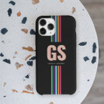 Chic Retro Stripes Monogram  iPhone 15 Pro Max Case<br><div class="desc">Elevate your phone game with the perfect blend of retro flair and modern sophistication. This customisable phone case features bold, oversized initials in a timeless serif font, paired with your name displayed below in sleek, understated text. Set against a striking black background, vibrant retro rainbow stripes add a pop of...</div>