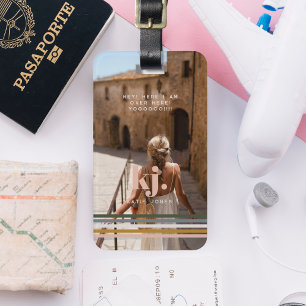 Chic Retro Stripes Monogram & Photo Luggage Tag