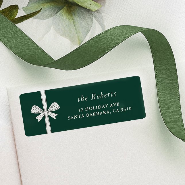 Chic Ribbon Bow Pine Green Minimalist Christmas (elegant ribbon and bow green Christmas return address labels)