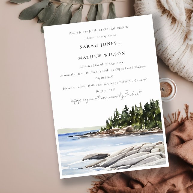 Chic Rocky Pine Mountain Seascape Rehearsal Dinner Invitation (Creator Uploaded)