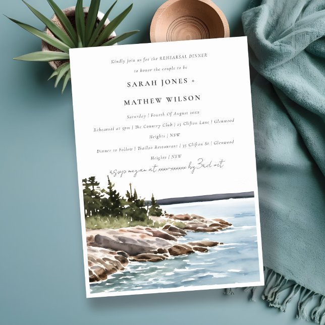 Chic Rocky Pine Mountain Seascape Rehearsal Dinner Invitation (Creator Uploaded)