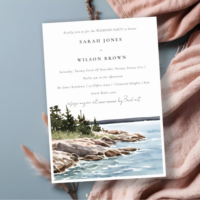 Chic Rocky Pine Mountain Seascape Weekend Party Invitation (Creator Uploaded)
