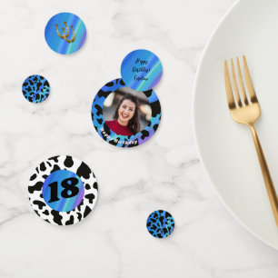 Chic Rodeo Birthday Electric Blue Cow Print Photo Confetti