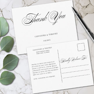 Chic Romantic Black White Script Wedding Thank You Postcard
