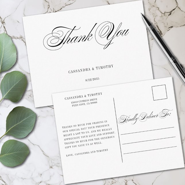 Chic Romantic Black White Script Wedding Thank You Postcard (Creator Uploaded)