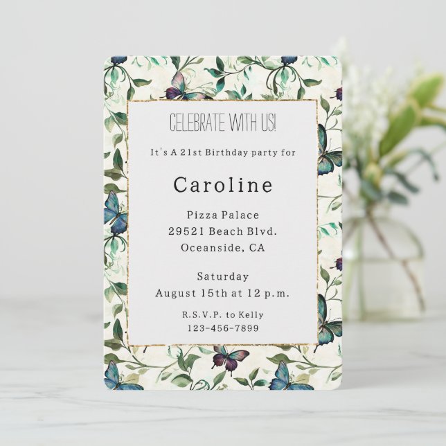 Chic Romantic Blue Butterflies Birthday   Invitation (Standing Front)