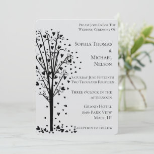 Chic Romantic Hearts Tree Grey Wedding Invitation