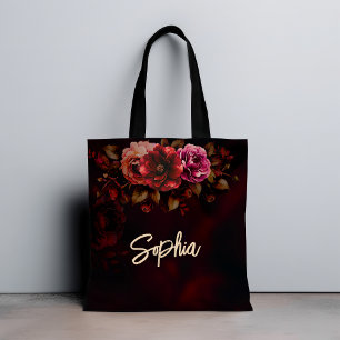 Chic romantic moody red black floral wedding  tote bag