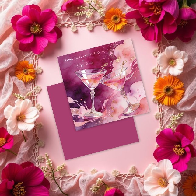 Chic Romantic Pink Martini Galentines Day Card (Glam Romantic Pink Martini Glasses Happy Galentine’s Day Cards.)