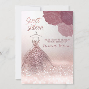 Chic romantic Rose gold glittery dress roses Invitation