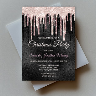Chic rose blush black dripping monogram Christmas Invitation