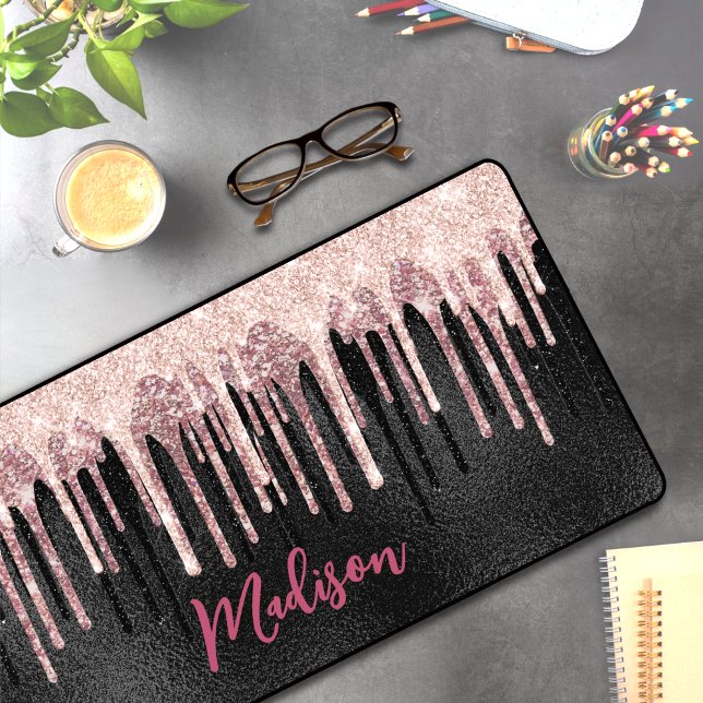 Chic rose blush black dripping monogram desk mat (Creator Uploaded)
