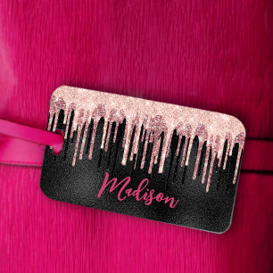 Chic rose blush black dripping monogram luggage tag