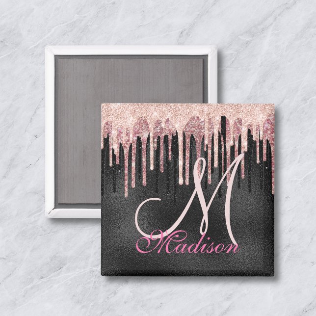 Chic rose blush black dripping monogram magnet (Creator Uploaded)
