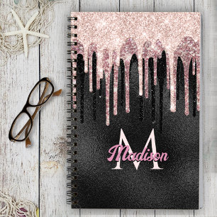 Chic rose blush black dripping monogram notebook