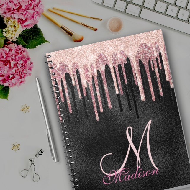 Chic rose blush black dripping monogram notebook (Creator Uploaded)