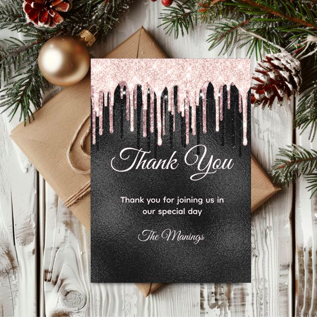 Chic rose blush black glitter dripping thank you  card (Creator Uploaded)