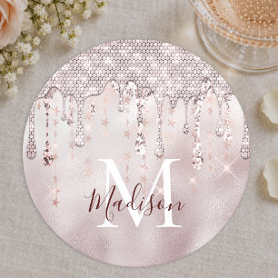 Chic rose blush gold glitter dripping monogram pap round paper coaster
