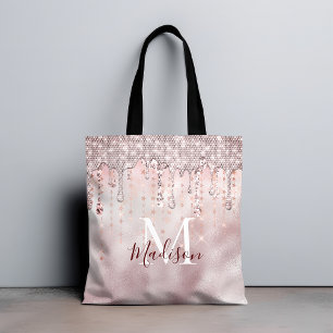 Chic rose blush gold glitter dripping monogram tote bag