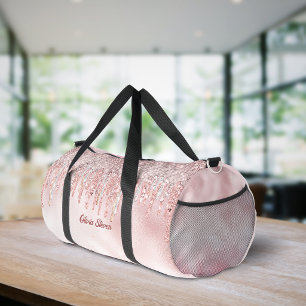 Chic rose blush gold glitter drips monogram  duffle bag