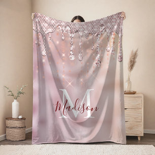 Chic rose blush gold glitter drips monogram fleece blanket