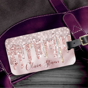 Chic rose blush gold glitter drips monogram luggage tag