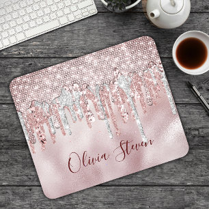Chic rose blush gold glitter drips monogram mouse pad