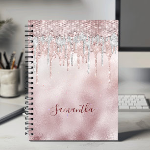 Chic rose blush gold glitter drips monogram notebook
