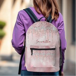 Chic rose blush gold glitter drips monogram  printed backpack