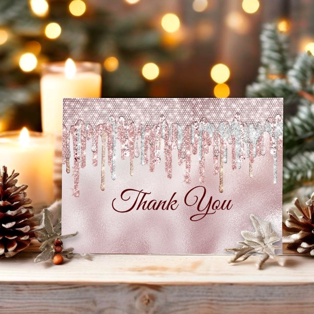 Chic rose blush gold glitter drips thank you card (Creator Uploaded)