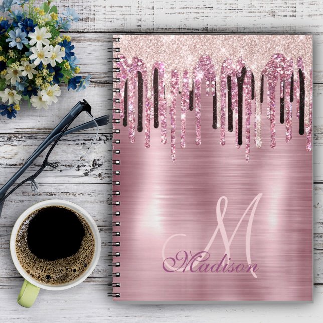 Chic rose blush pink dripping monogram notebook (Creator Uploaded)