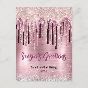 Chic rose blush pink drips new year Christmas Postcard
