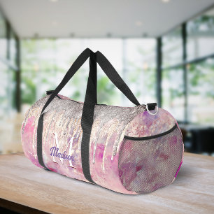 Chic rose blush pink glitter drips monogram duffle bag